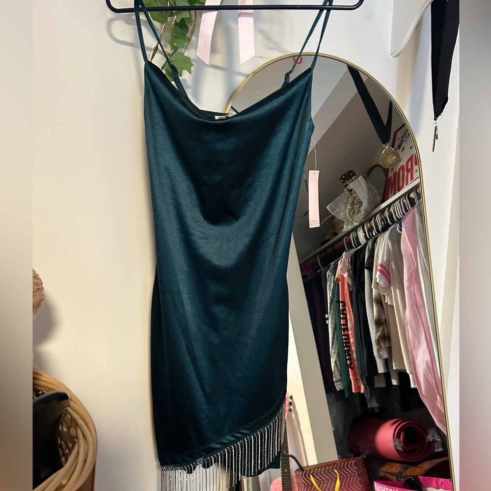 Green satin dress w fringe detail